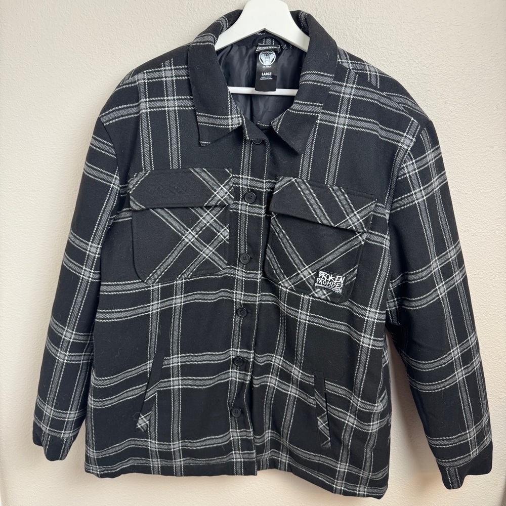 Broken Promises Warrior Black & Grey Plaid Flannel Jacket Size XL Unisex - Picture 4 of 14